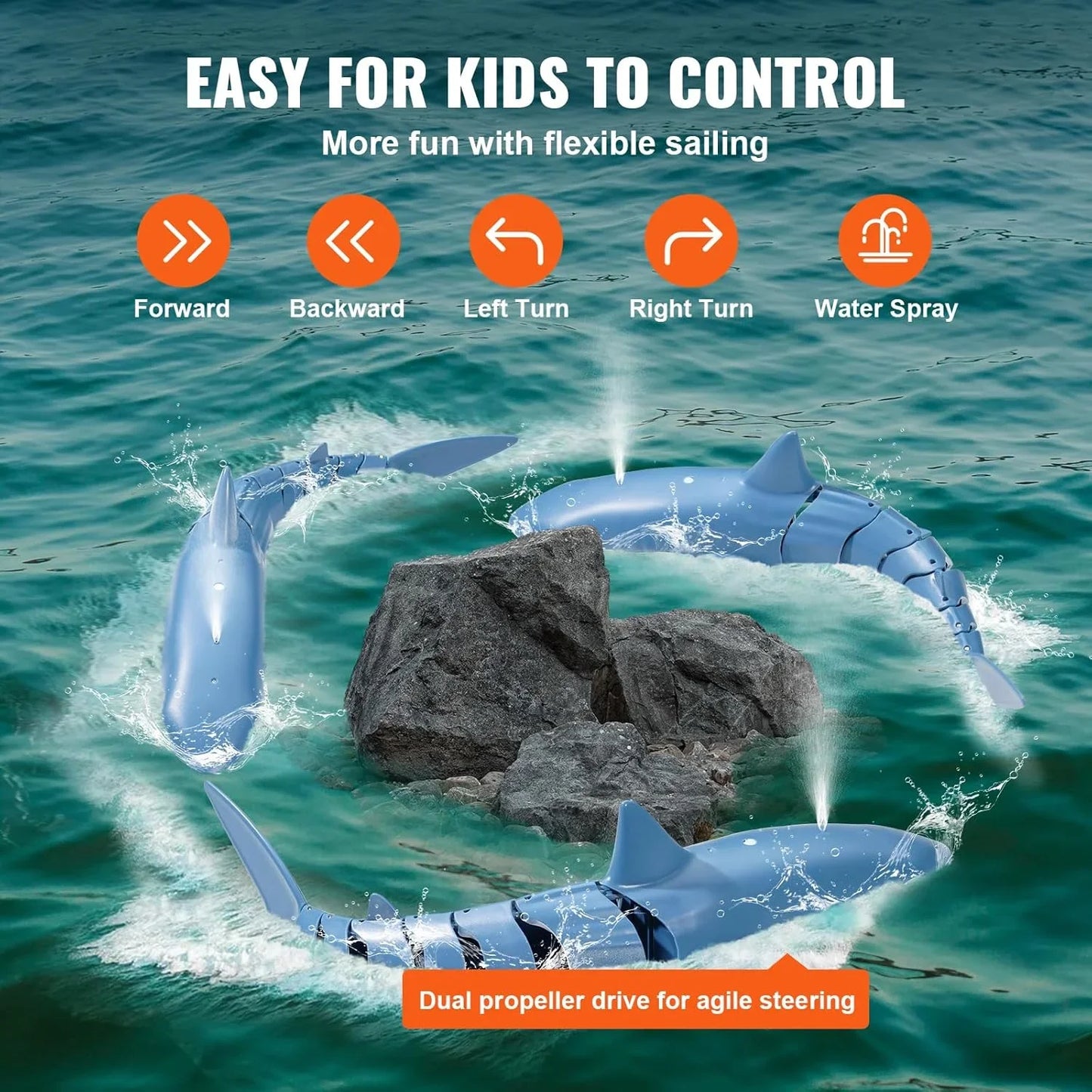 2.4Ghz Remote Control Shark Toys for Boys Girls,1:18 Scale High Simulation Shark for Pool, Electric RC Shark Fish Toys with Light & Spray Water Function for Kids Ages 6+,Blue