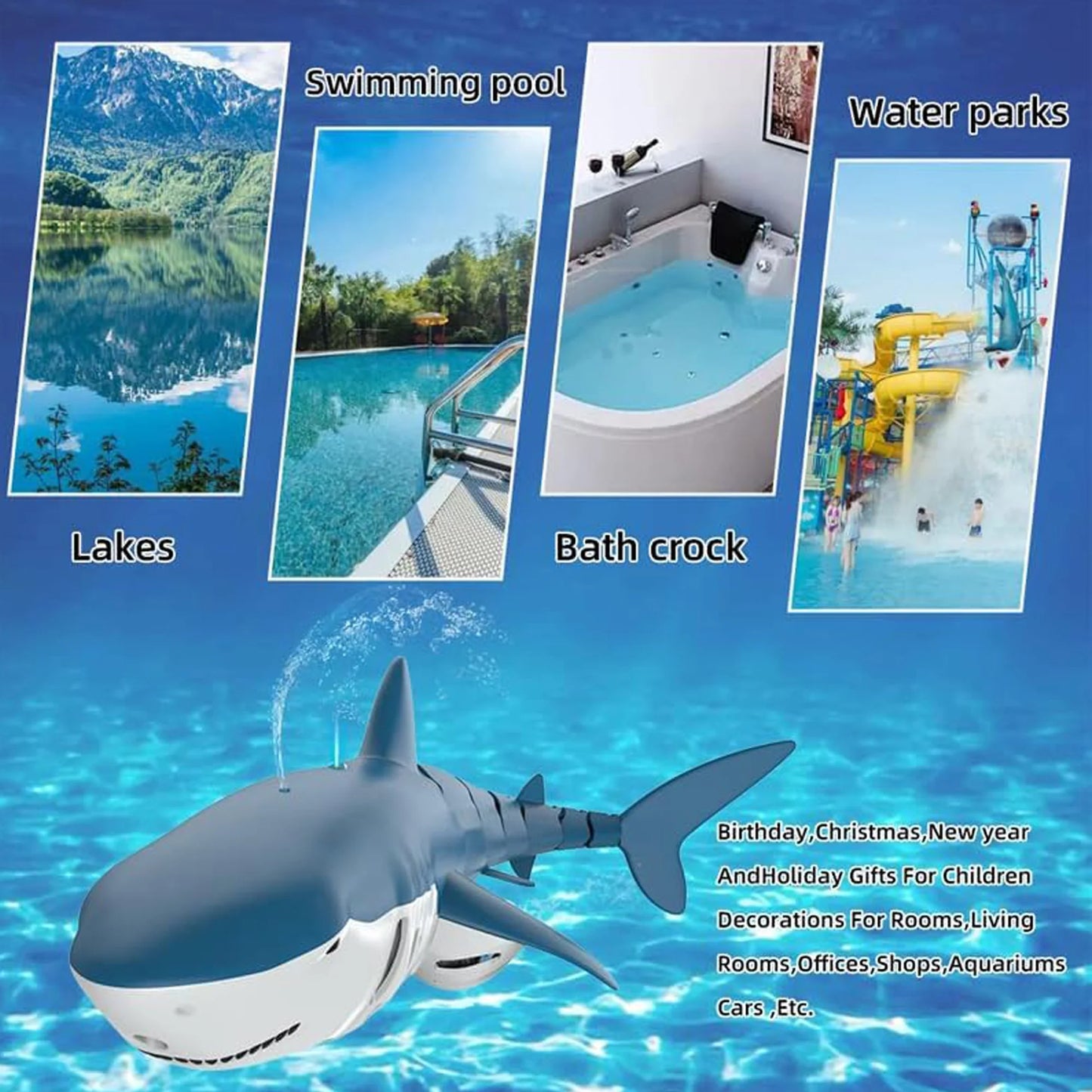 2.4Ghz Remote Control Shark Toys for Boys Girls,1:18 Scale High Simulation Shark for Pool, Electric RC Shark Fish Toys with Light & Spray Water Function for Kids Ages 6+,Blue