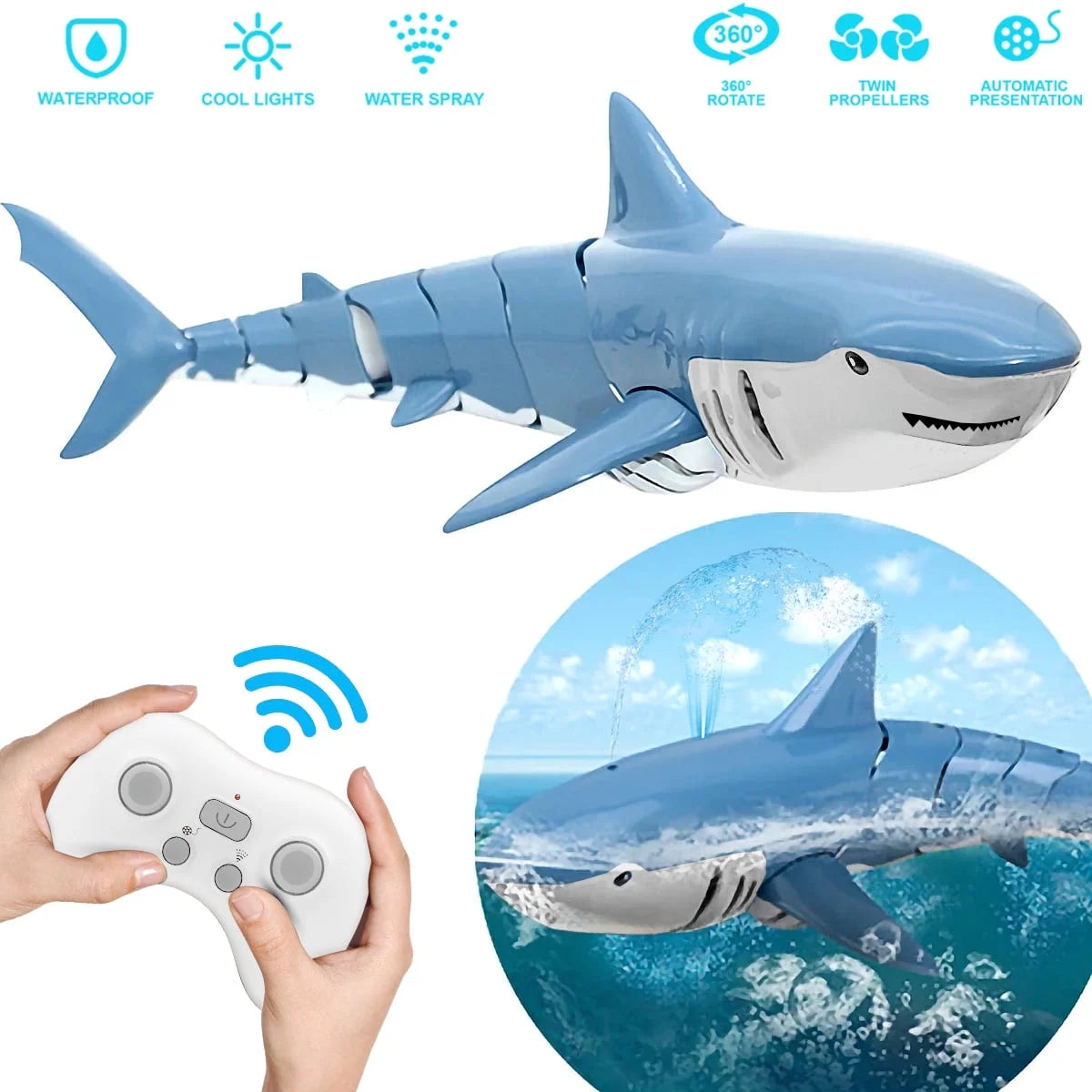 2.4Ghz Remote Control Shark Toys for Boys Girls,1:18 Scale High Simulation Shark for Pool, Electric RC Shark Fish Toys with Light & Spray Water Function for Kids Ages 6+,Blue