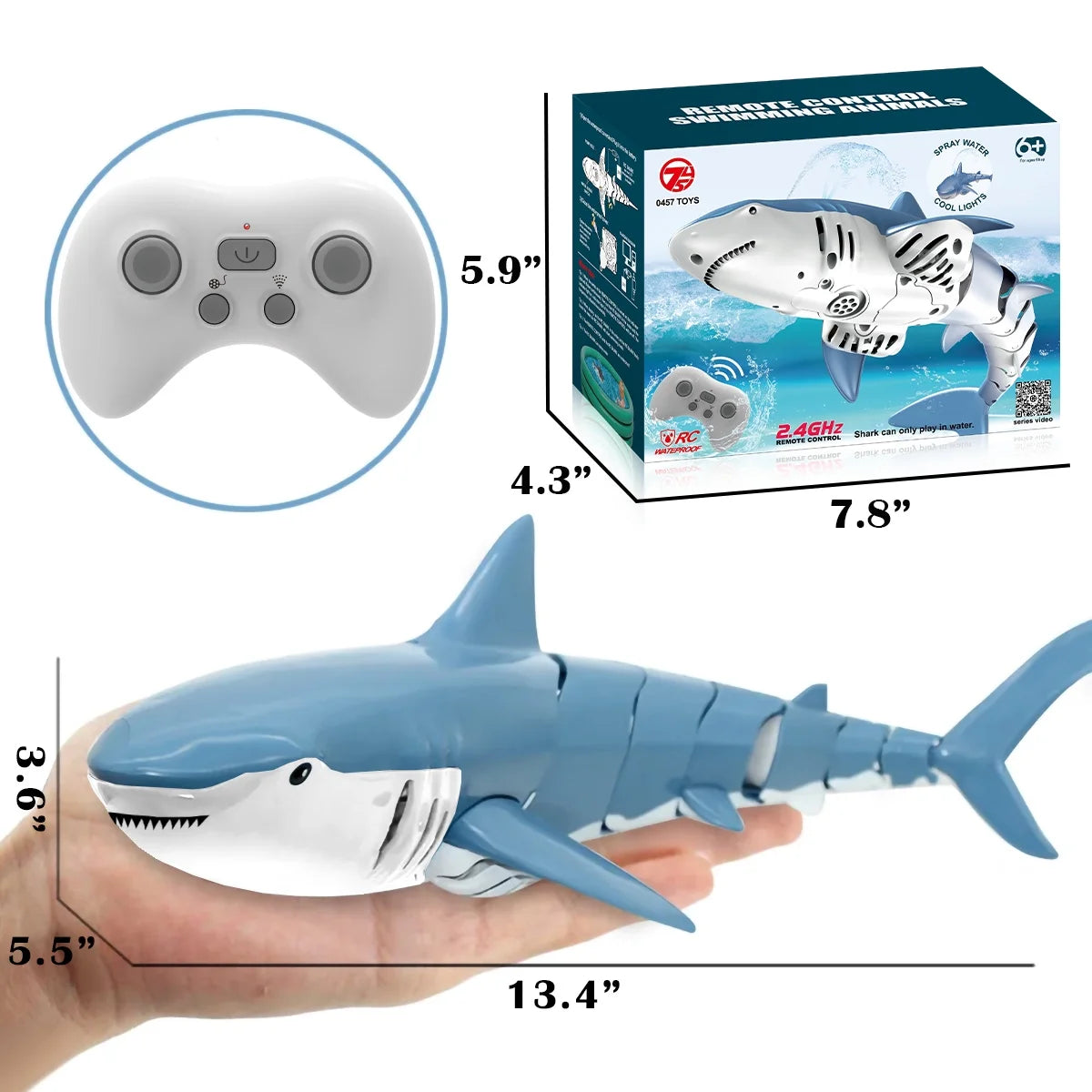 2.4Ghz Remote Control Shark Toys for Boys Girls,1:18 Scale High Simulation Shark for Pool, Electric RC Shark Fish Toys with Light & Spray Water Function for Kids Ages 6+,Blue