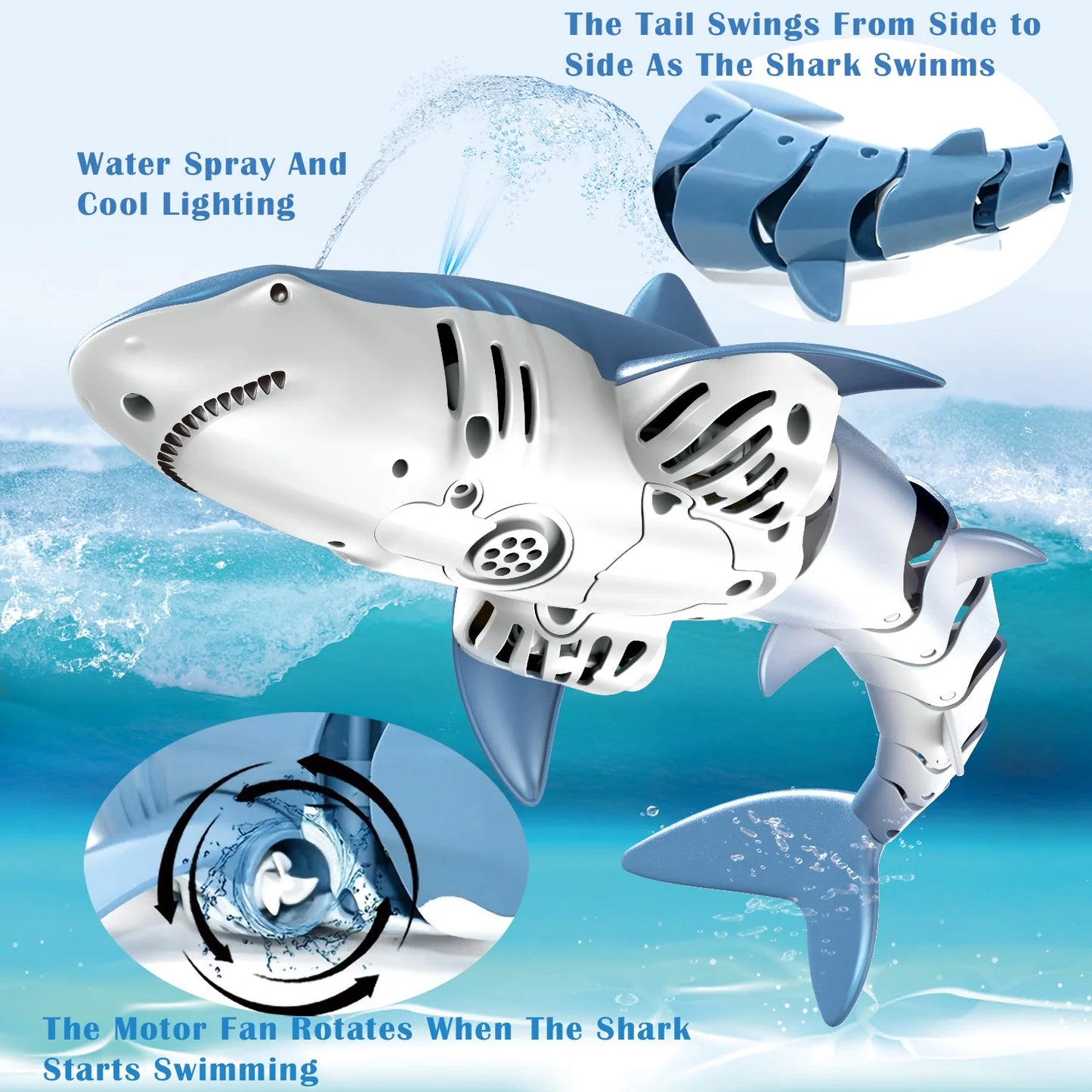 2.4Ghz Remote Control Shark Toys for Boys Girls,1:18 Scale High Simulation Shark for Pool, Electric RC Shark Fish Toys with Light & Spray Water Function for Kids Ages 6+,Blue