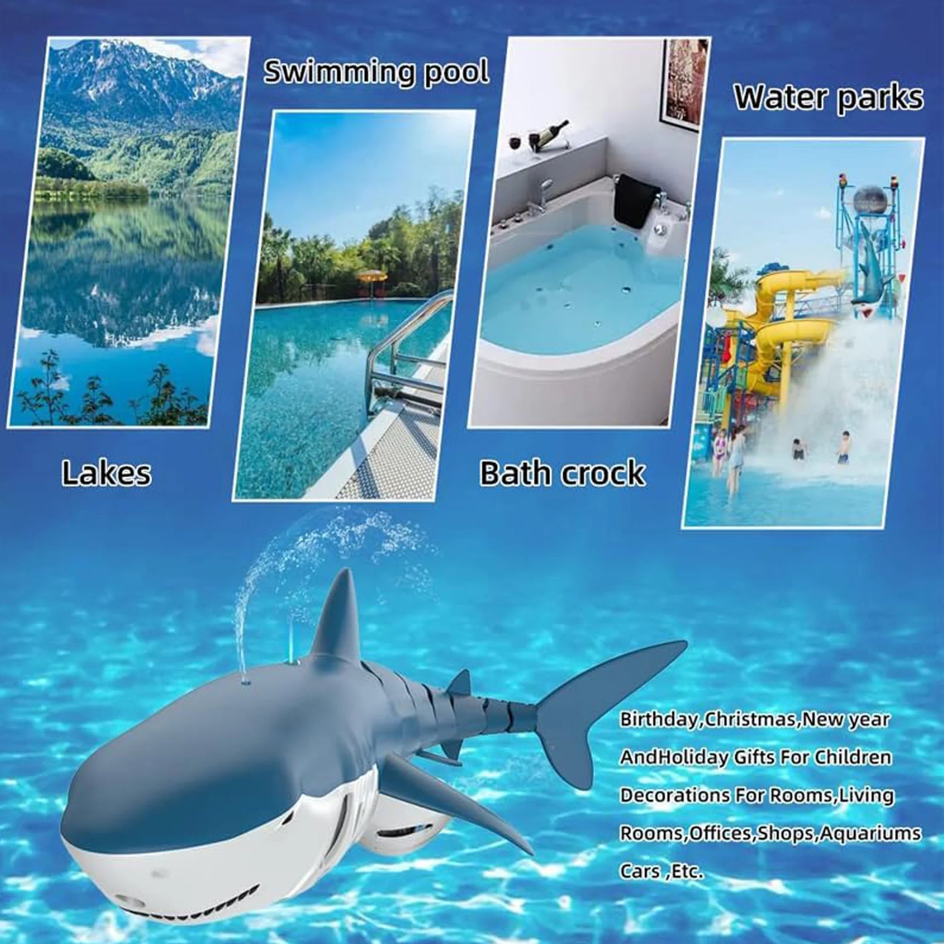 2.4Ghz Remote Control Shark Toys for Boys Girls,1:18 Scale High Simulation Shark for Pool, Electric RC Shark Fish Toys with Light & Spray Water Function for Kids Ages 6+,Blue